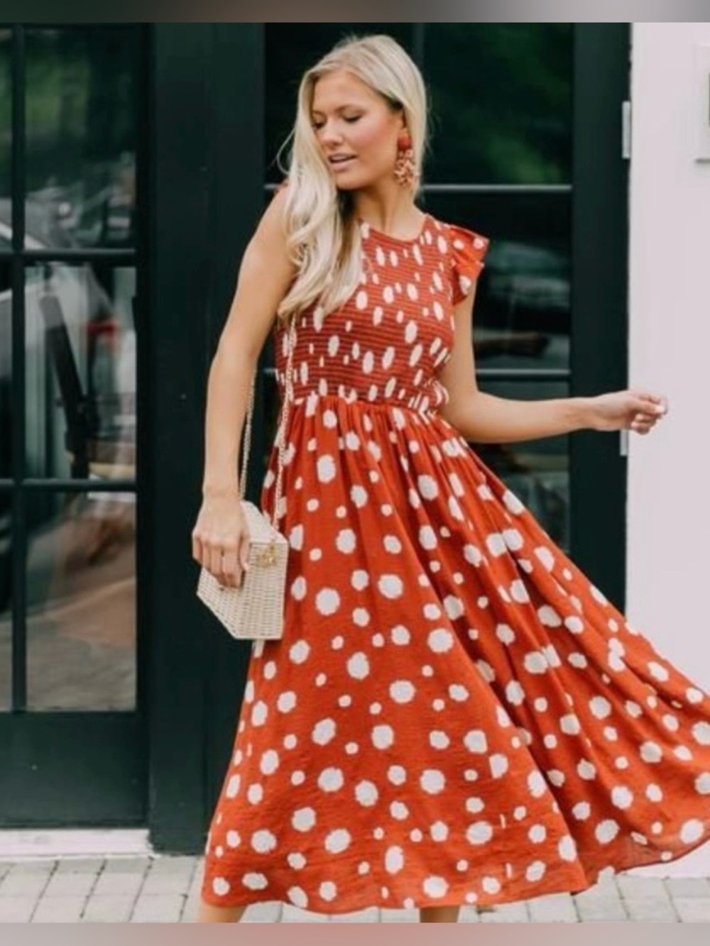 THML Rust Red and Cream Smocked Bodice Dress